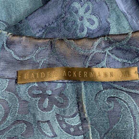 Size XL Blue Jacquard Linen Silk Floral One Pocket Long Sleeve Shirt - Picture 5 of 6